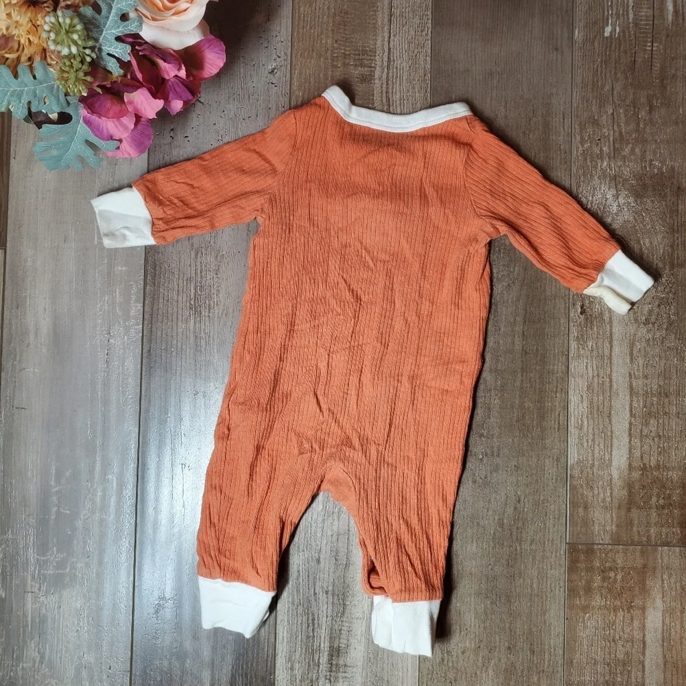 Cat & Jack Ribbed Henley Jumpsuit Romper Baby Boy Size 0-3M Orange & Cream